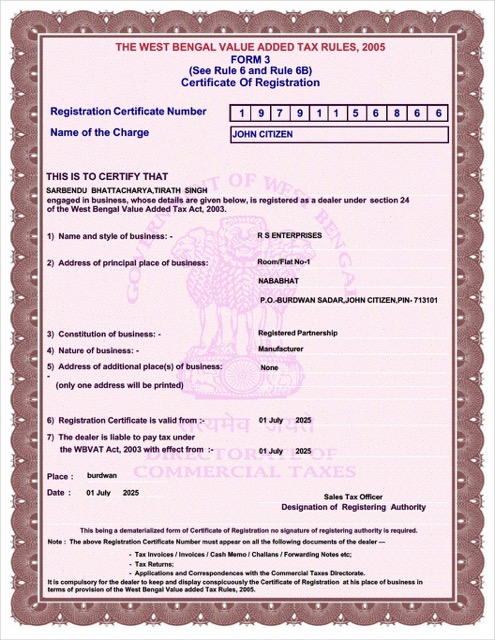India West Bengal certificate of VAT registration Word and PDF template